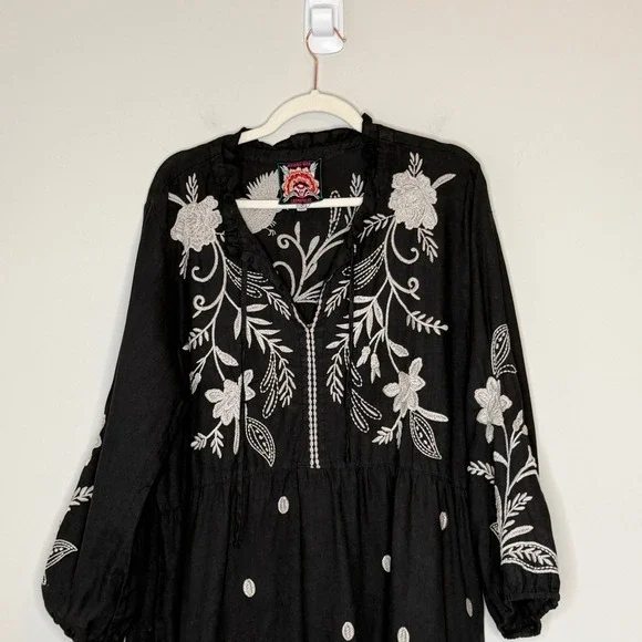 Johnny Was Black Linen Embroidered Frankie Tiered Field Dress Bird Boho Large - Picture 6 of 15